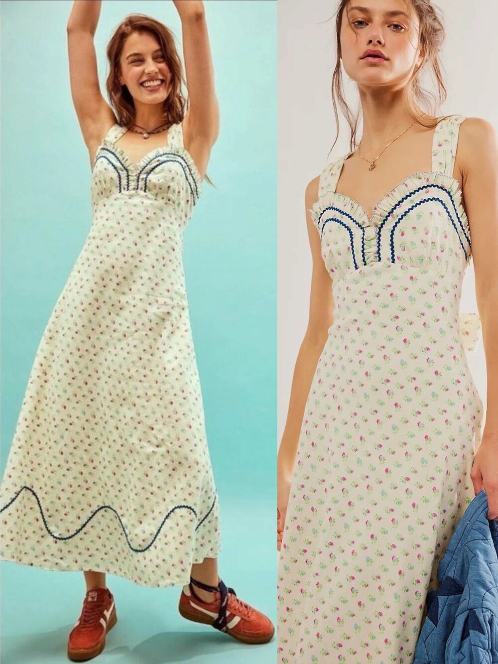 Free People Dainty Western Prairie Sweet Hearts Midi Dress in Ivory Combo Medium